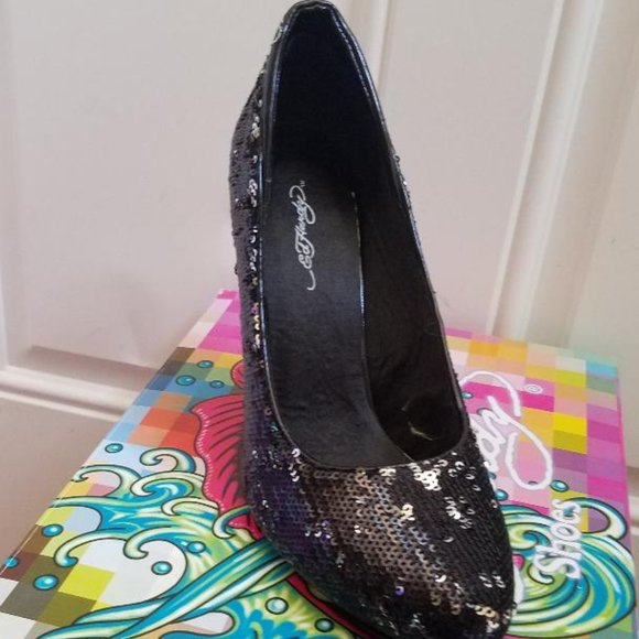 Sold: Ed Hardy flip sequence black heels size 8 - Picture 2 of 4